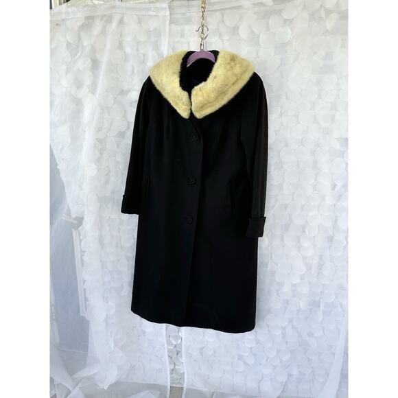 Vintage 50s 60s Long Black Coat 100% Wool Fur Mod Deb Hollywood Glam Retro - Picture 4 of 13